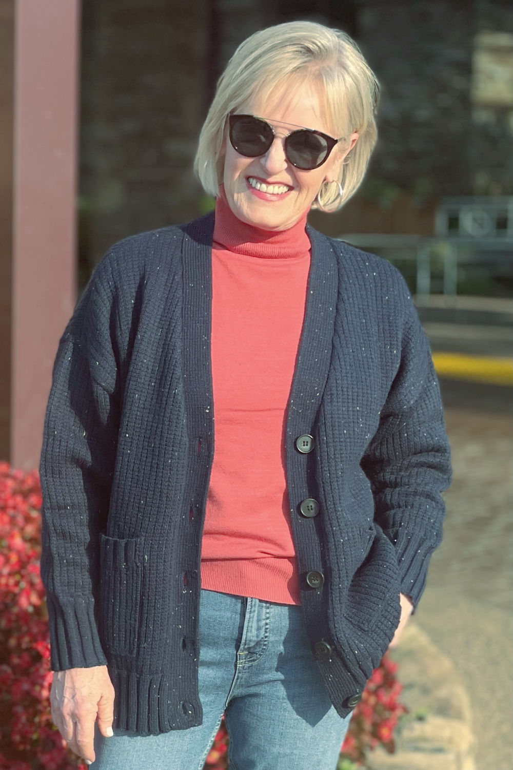 woman wearing free assembly grandpa sweater