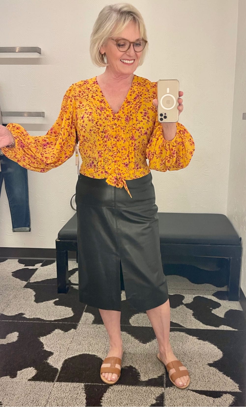 ORANGE TOP FAUX LEATHER SKIRT fall outfit