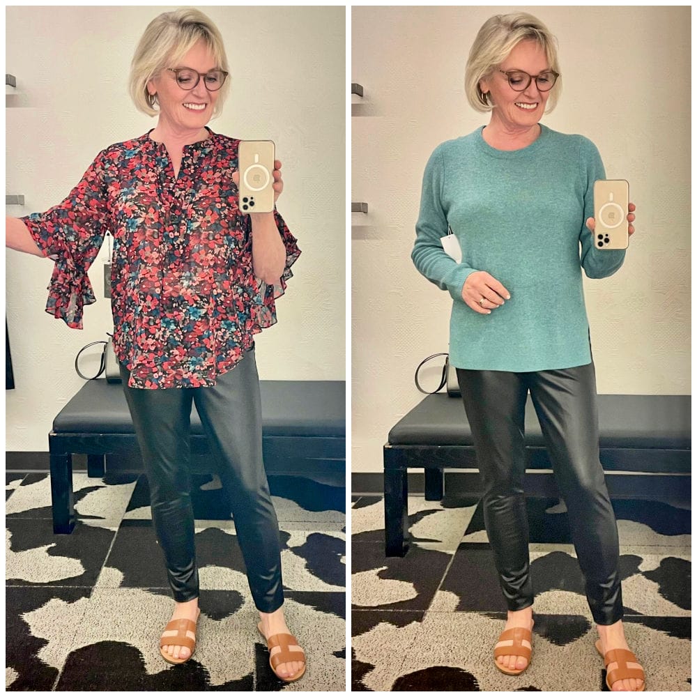 over 50 blogger showing two ways to wear pleather leggings