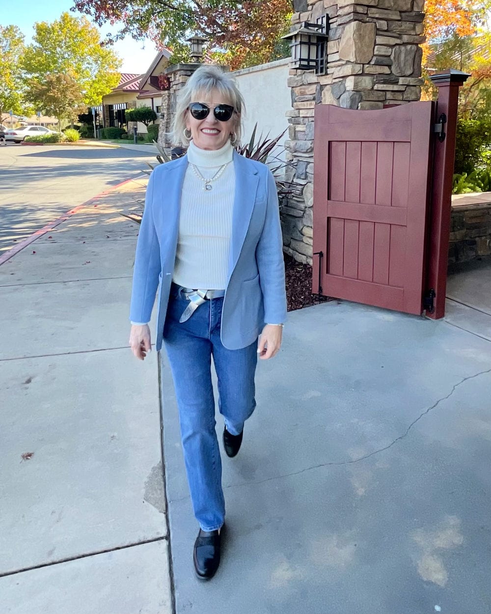banana republic knit blazer with jeans and loafers
