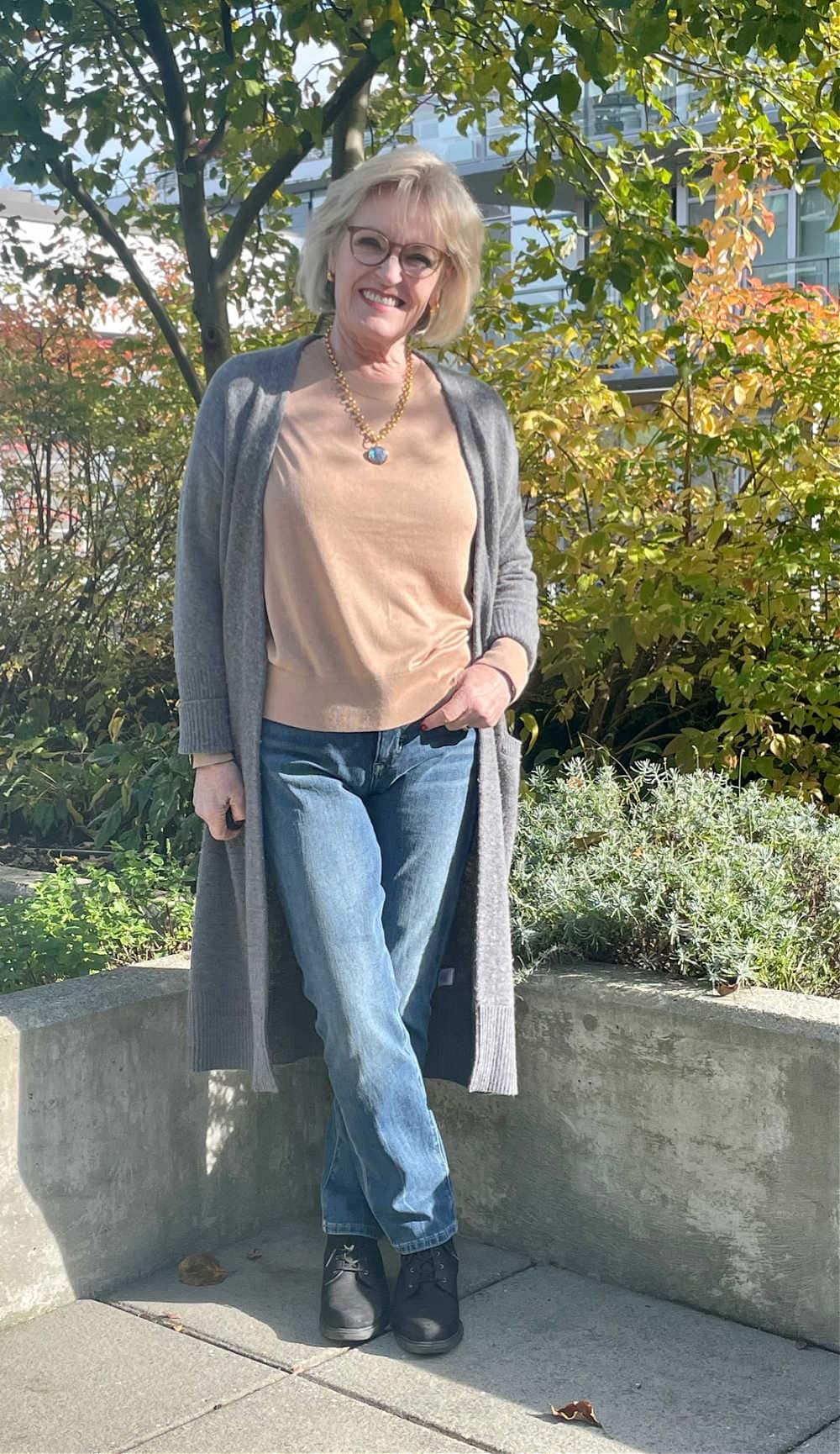 woman wearing camel with grey