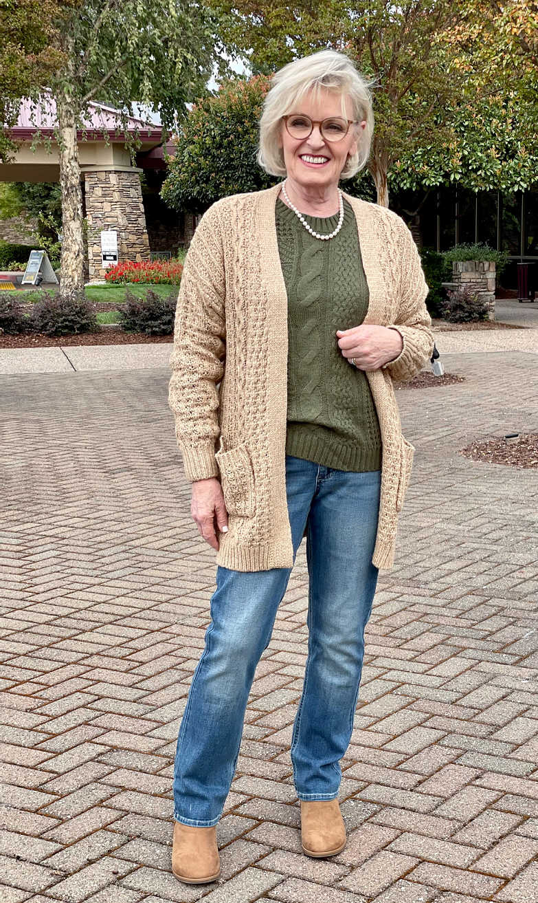 green pullover and lee jeans worn by jennifer of a well styled life