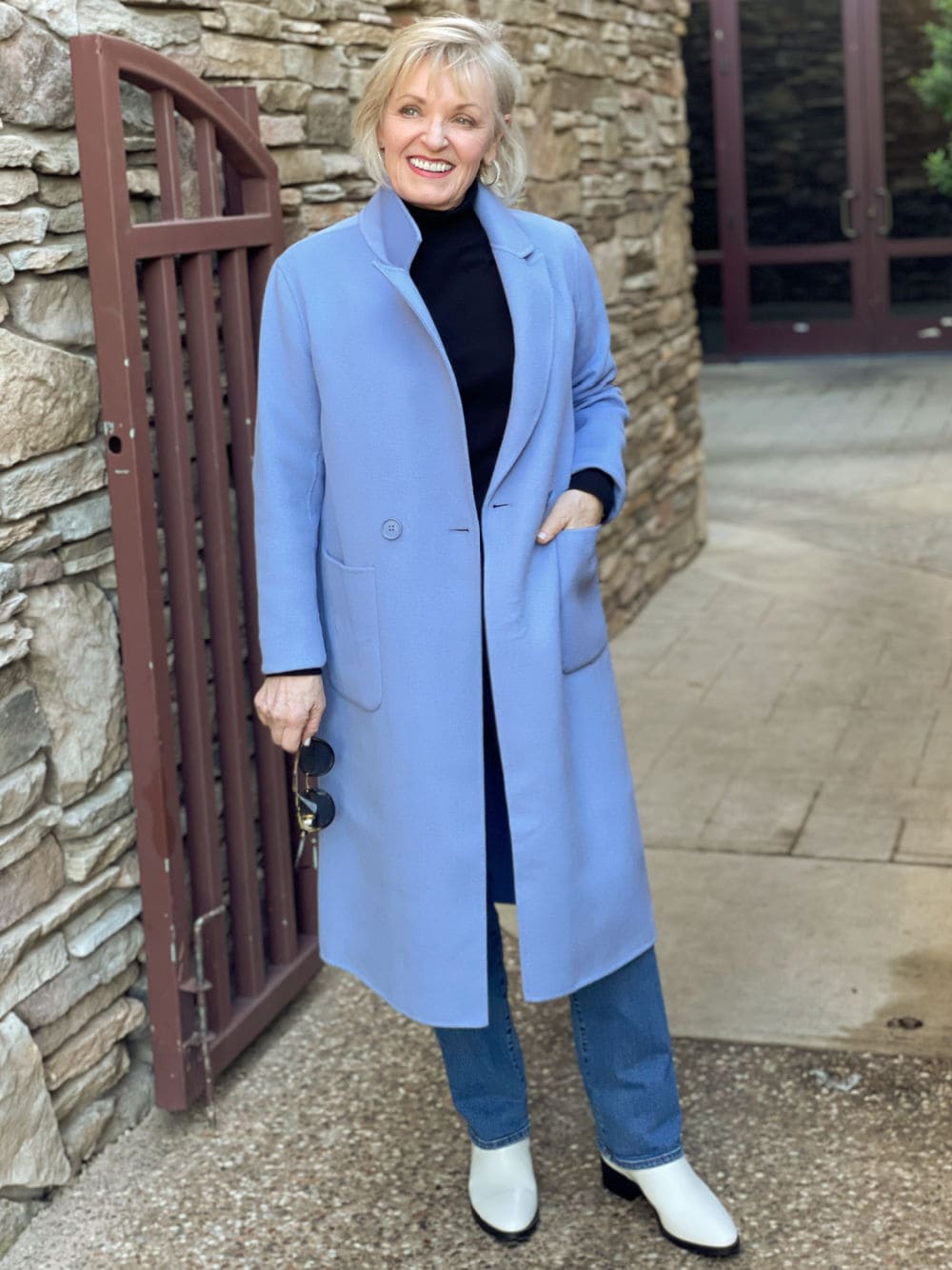 woman wearing blue nordstrom house brand coat by halogen