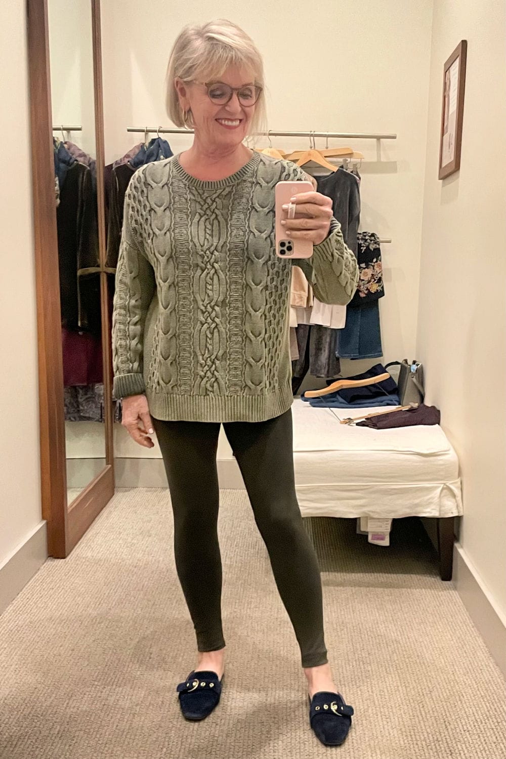 WOMAN WEARING J JILL SWEATER AND LEGGINGS