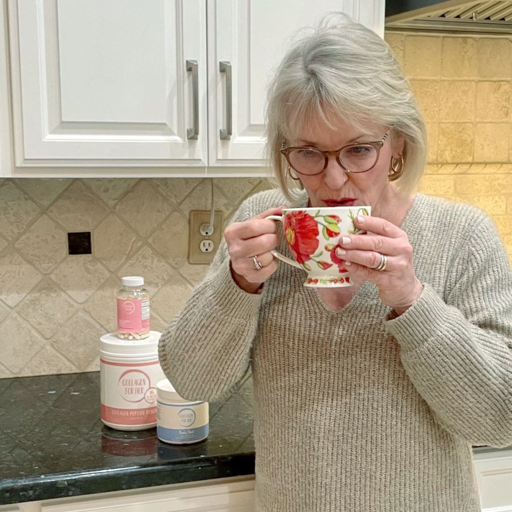 woman drinking tea with marine collagen powder in it
