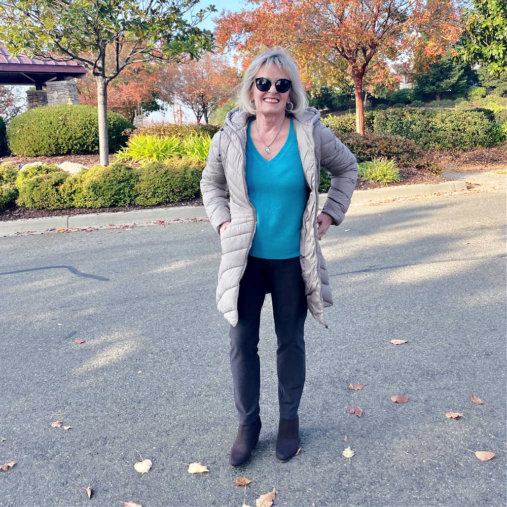 woman wearing beige jacket and eileen fisher pants