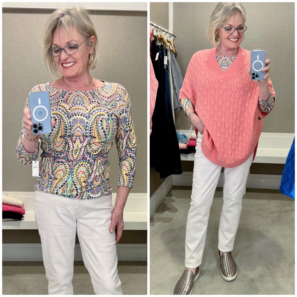 woman wearing white jeans and pink poncho