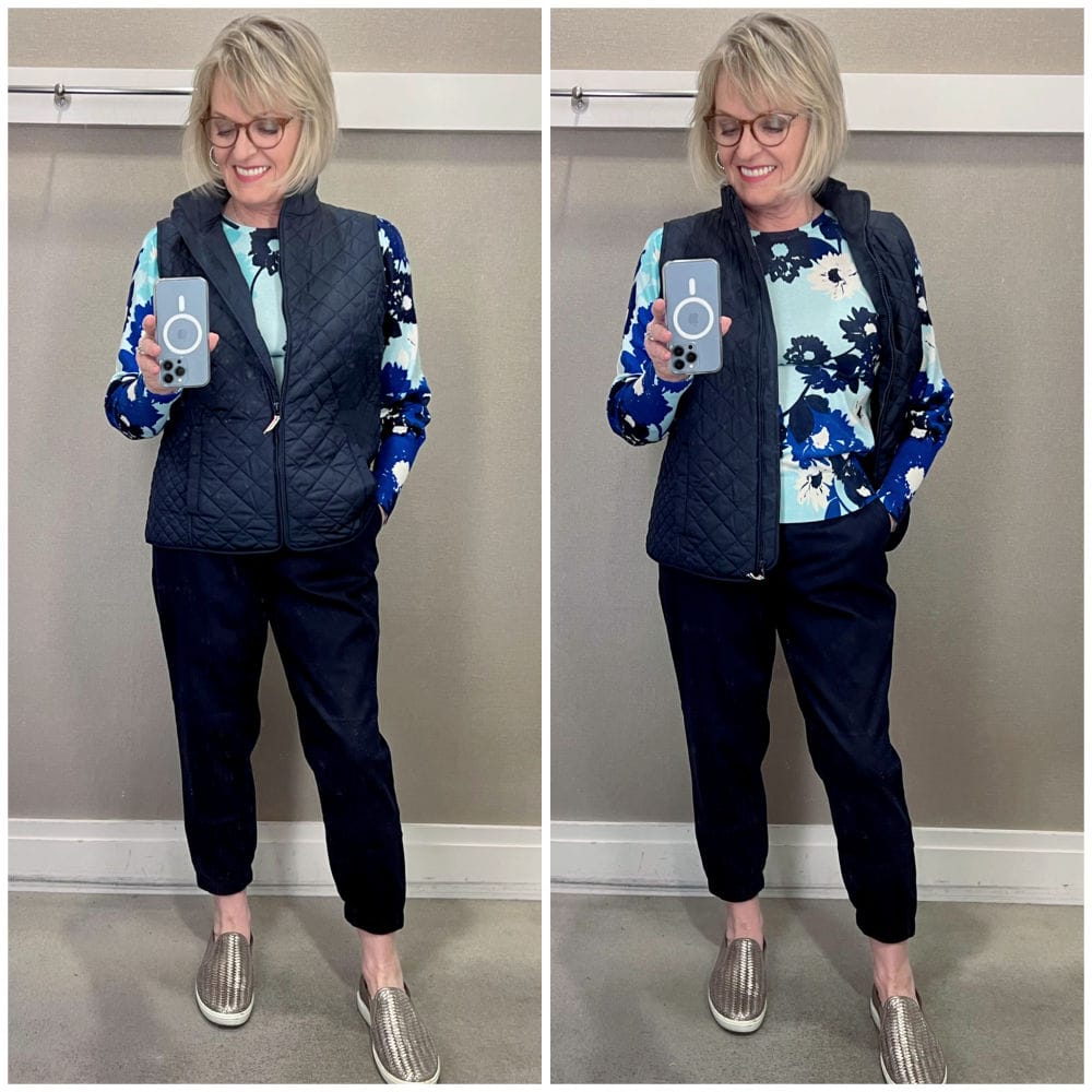 WOMAN WEARING NAVY VEST AND JOGGERS