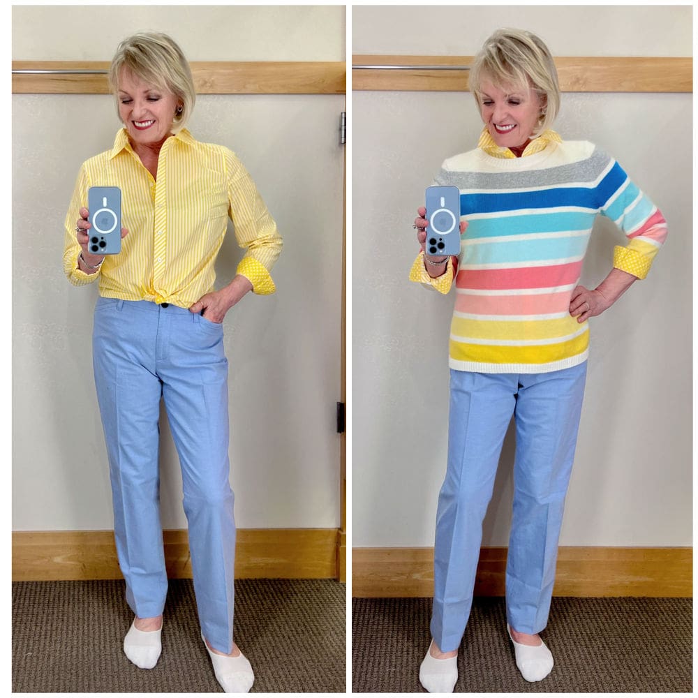 WOMAN WEARING YELLOW STRIPED SHIRT, STRIPED SWEATER AND BLUE PANTYS