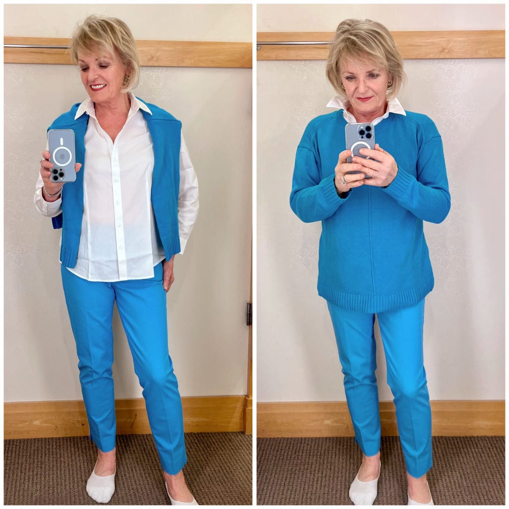 woman wearing white blouse and blue pants in Talbots dressing room