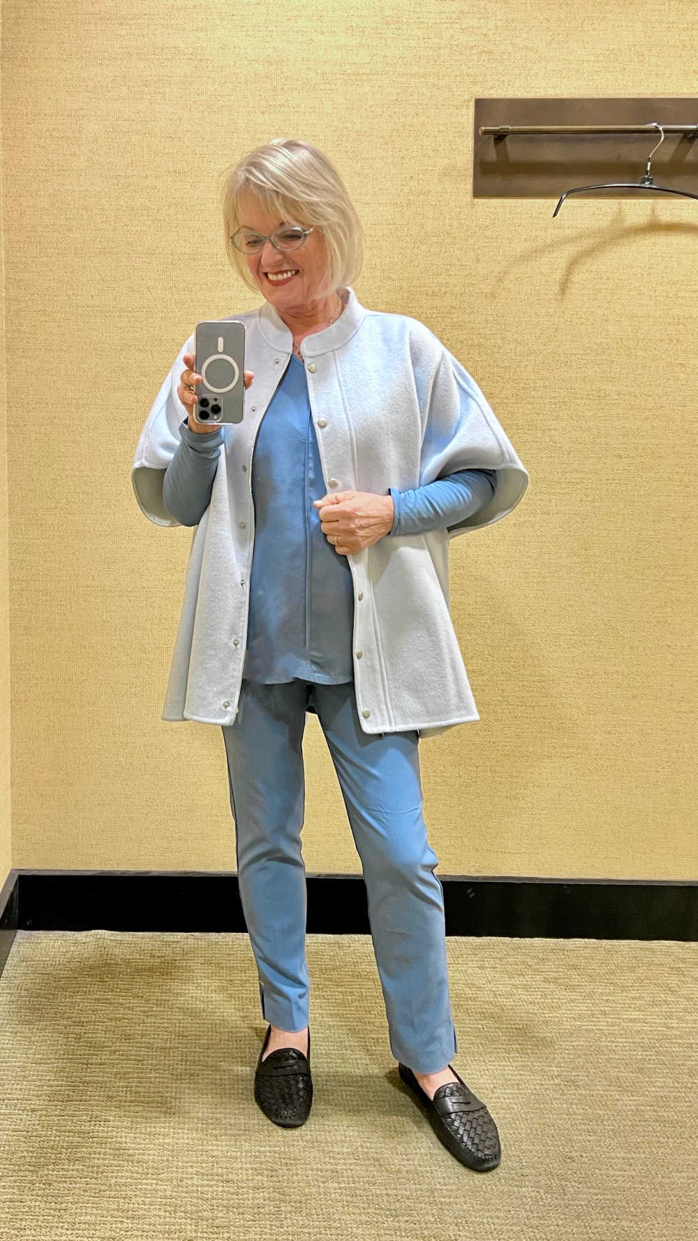 woman in blue outfit