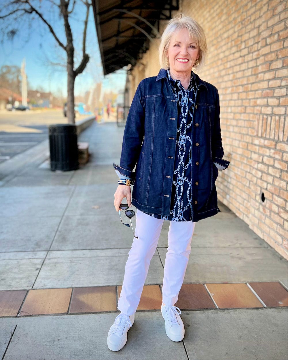 nautical look tunic and denim jacket outfit