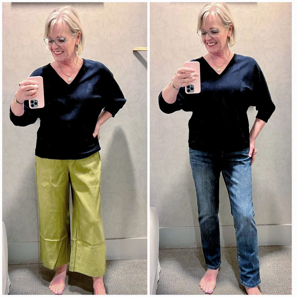 woman wearing dolman sleeves top with jeans and crop pants