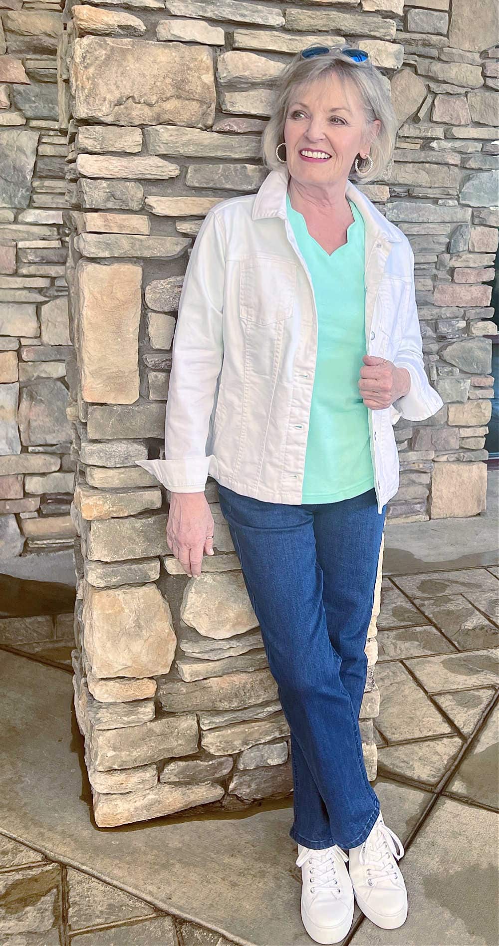 woman wearing part jacket and jeans from blair's new denimease collection for spring