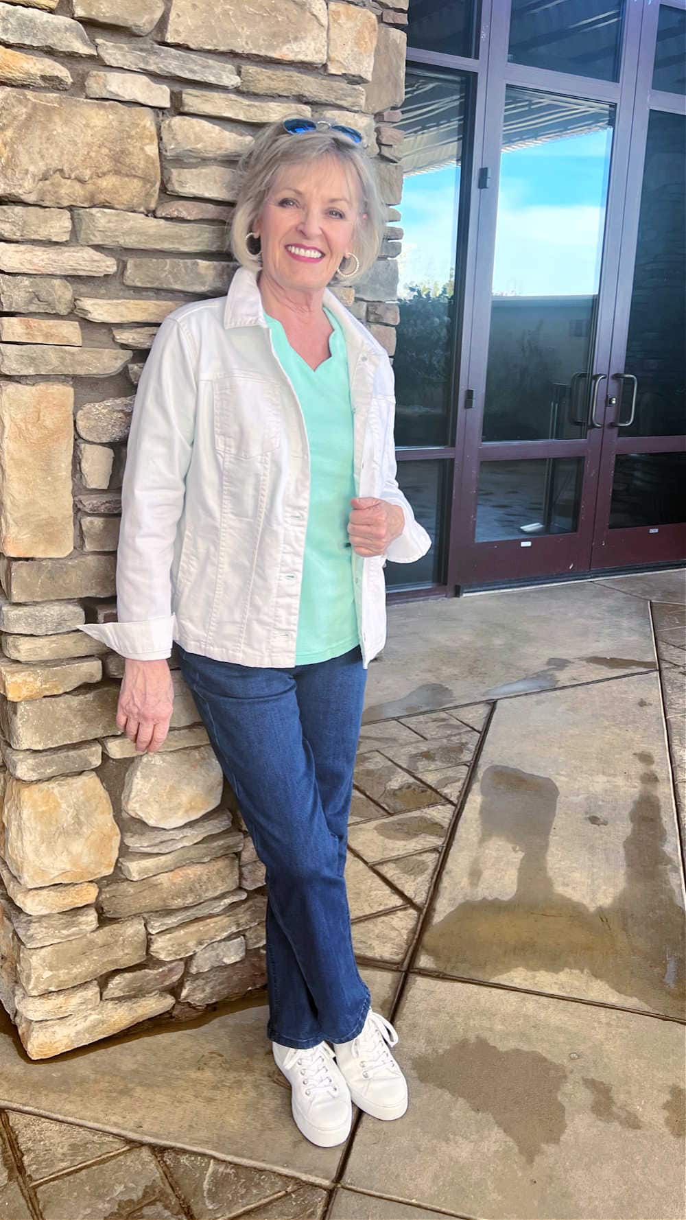 white stretch denimease jacket