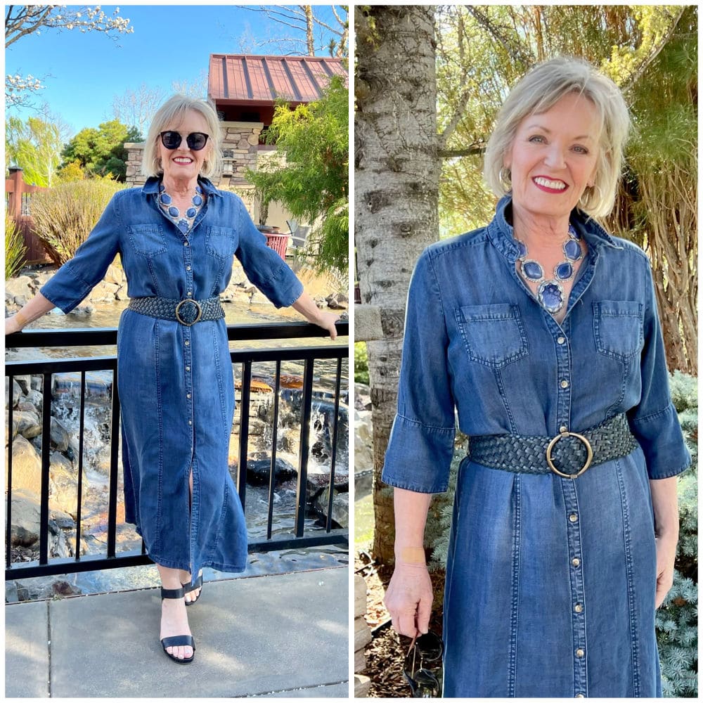 woman wearing petite denim dress