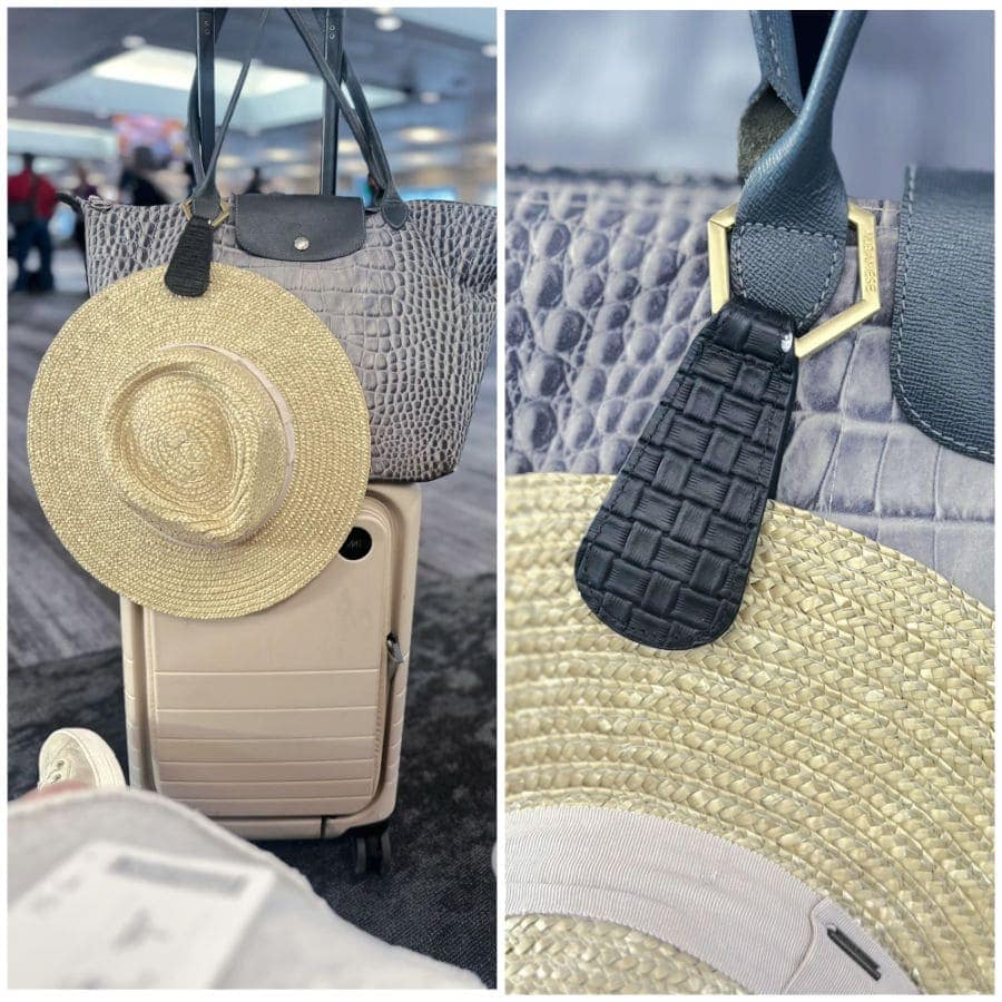 Travel-friendly hat packing with TopTote hat holder, Monos carry-on, and Brixton straw fedora—perfect solution for stylish women over 60.