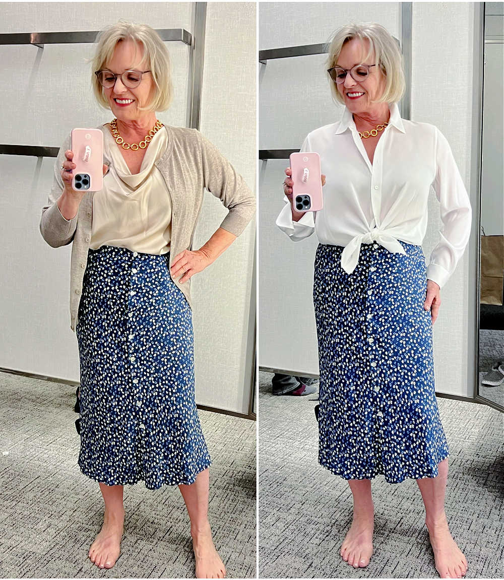 woman restyling a bias cut skirt