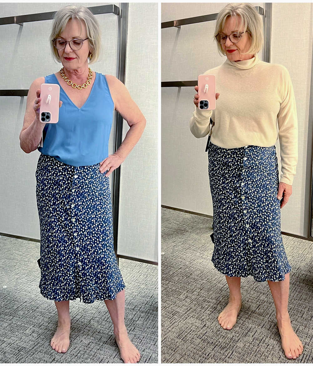 woman wearing bias cut skirt