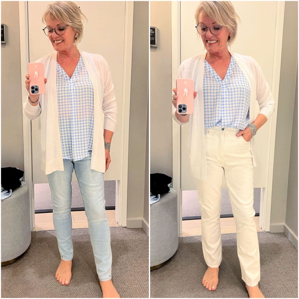 woman wearing blue plaid top and jeans at Ann Taylor