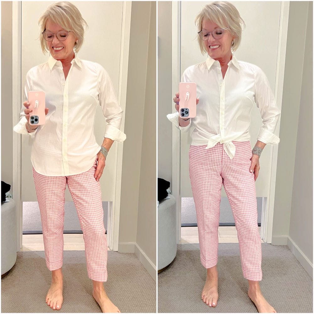 woman wearing whote shirt and pink crops at ann taylor