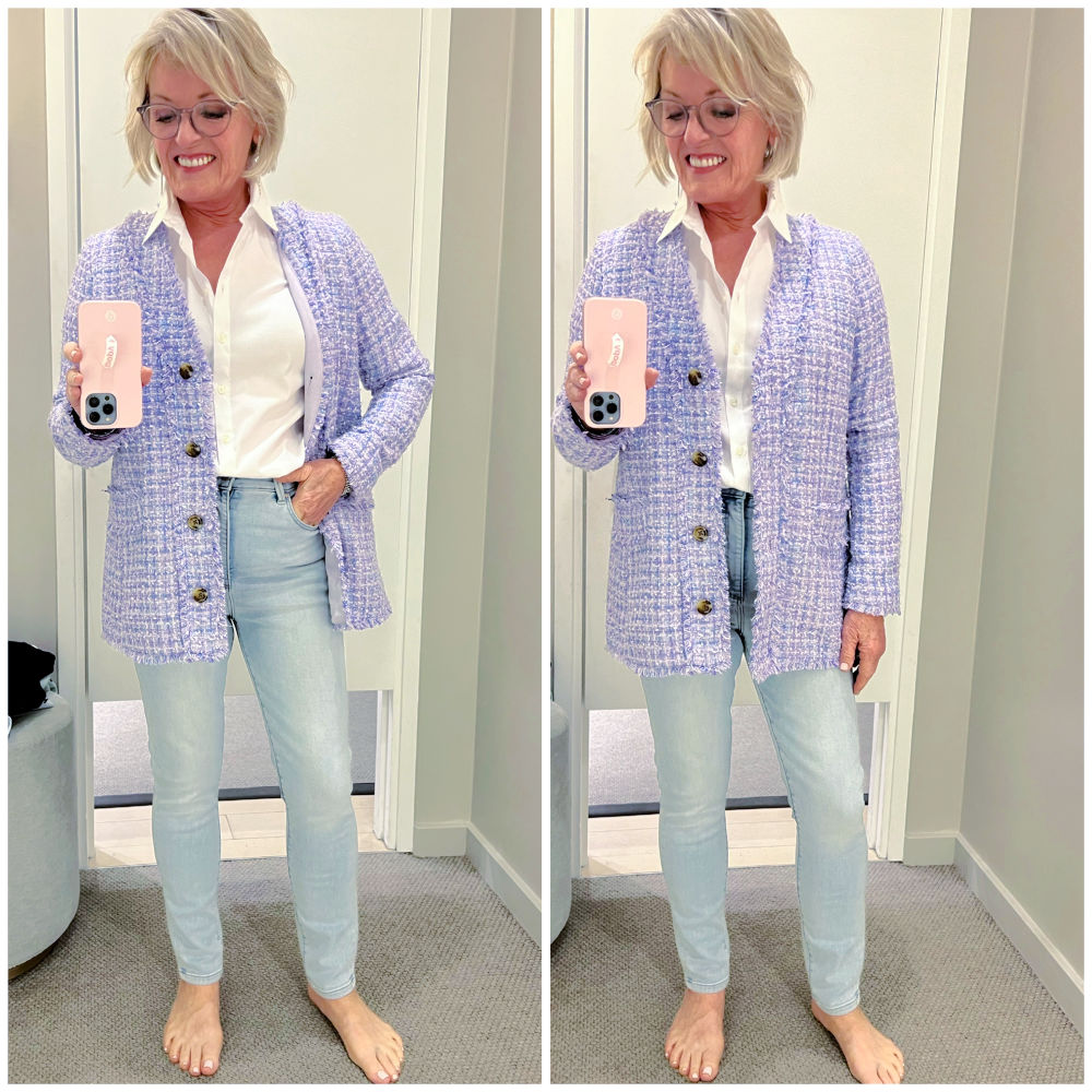 WOMAN WEARING PURPLE TWEED JACKET for dressing room diary at ann taylor
