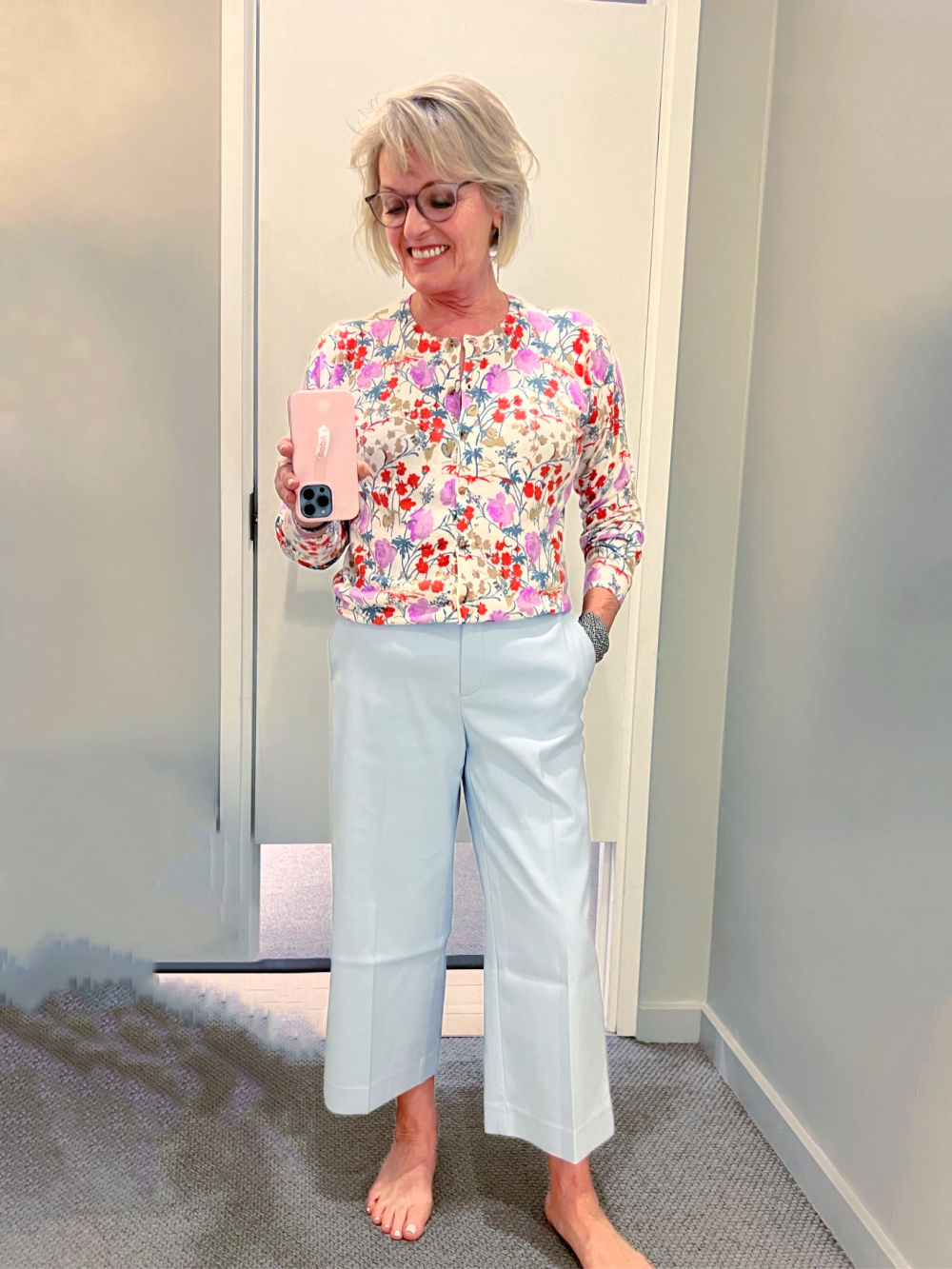 floral sweater and blue crops at ann taylor