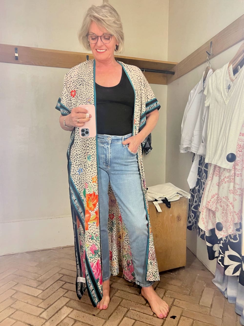 woman in boho kimono at anthropologie