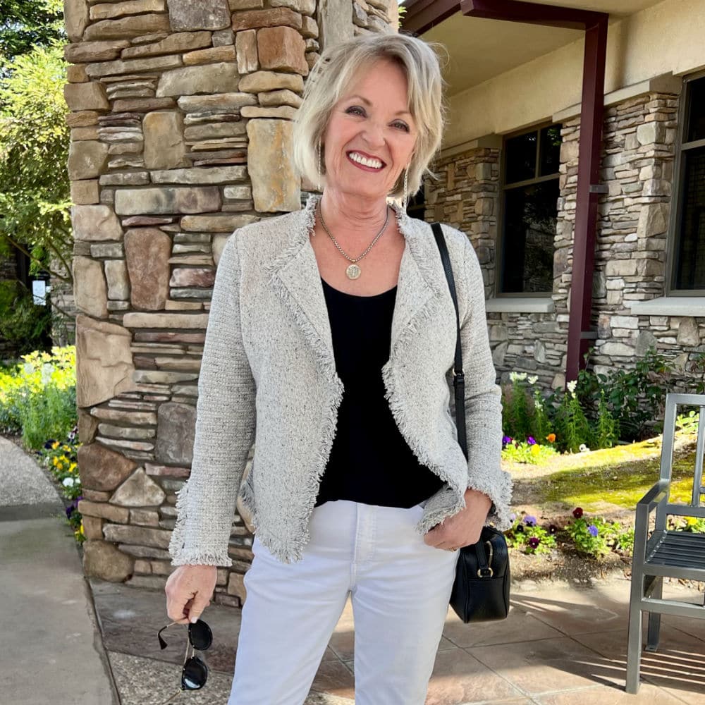 woman wearing knit blazer transitional fall jacket