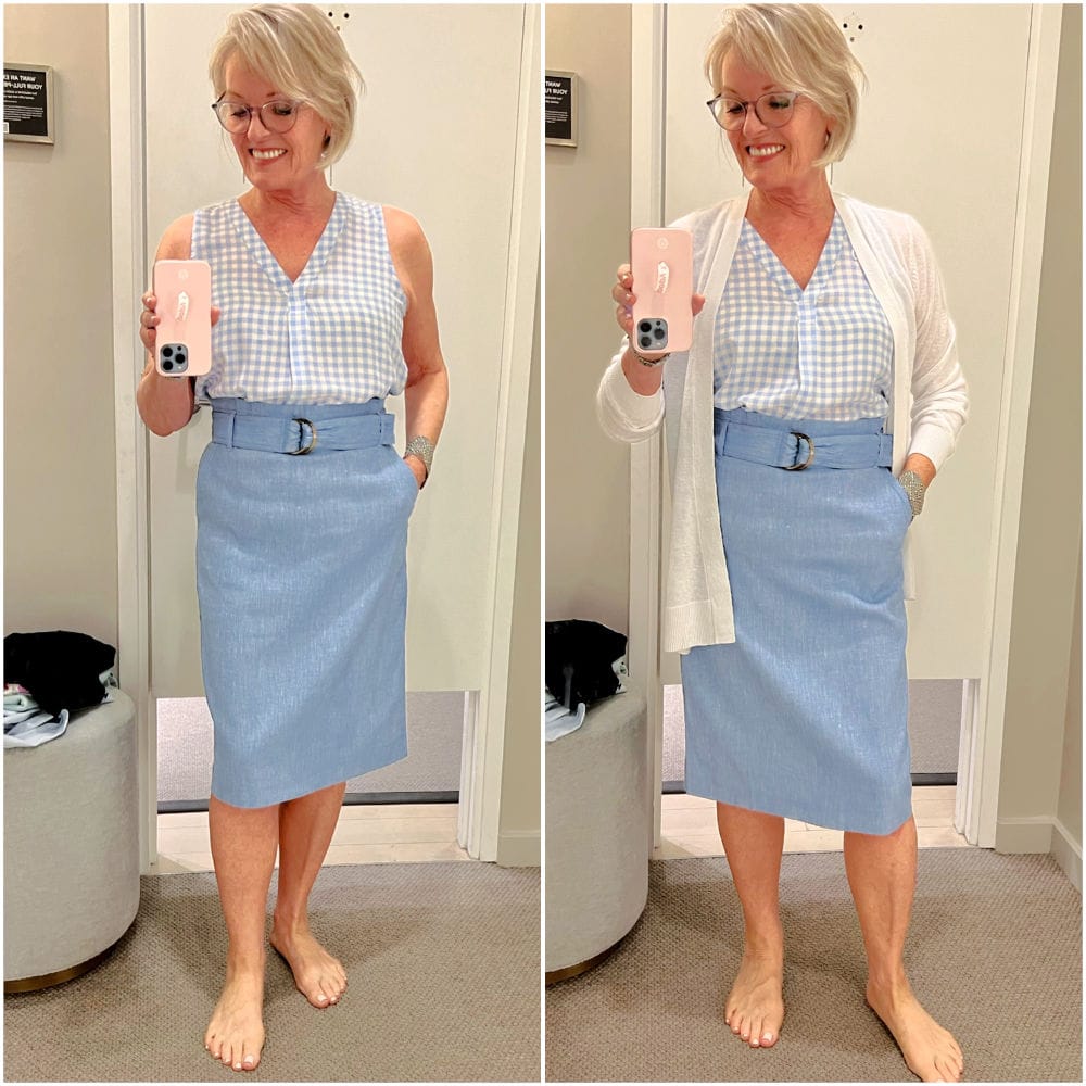 women wearing blue skirt for dressing room diary at ann taylor