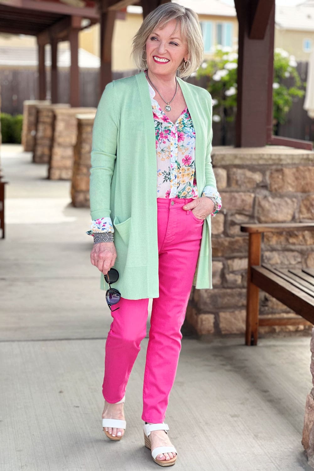 woman wearing fuschia nydj sheri slim