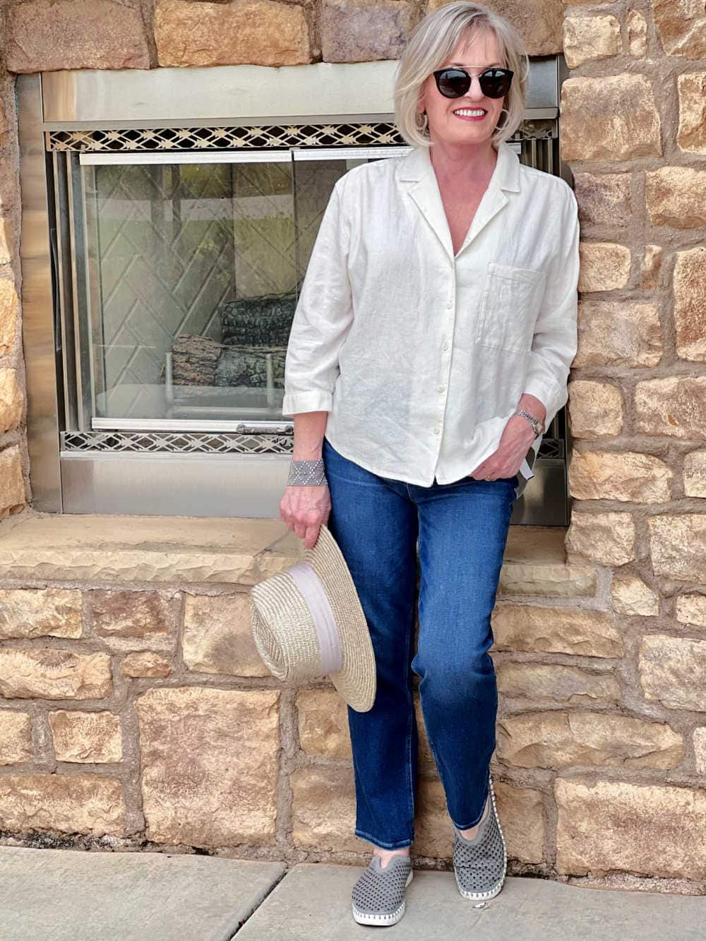 Paige Cindy straight leg jeans styled with a summer shirt and slip-on shoes