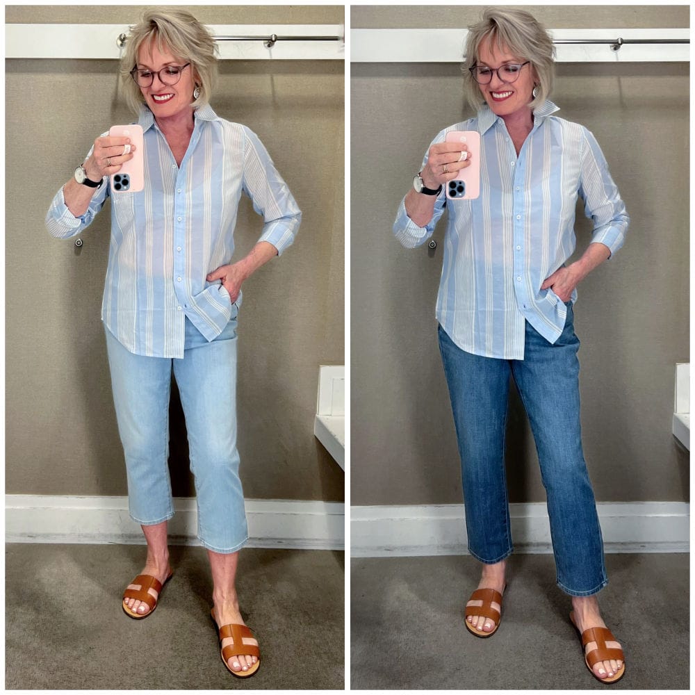 woman showing twp versions of cropped jean proportions