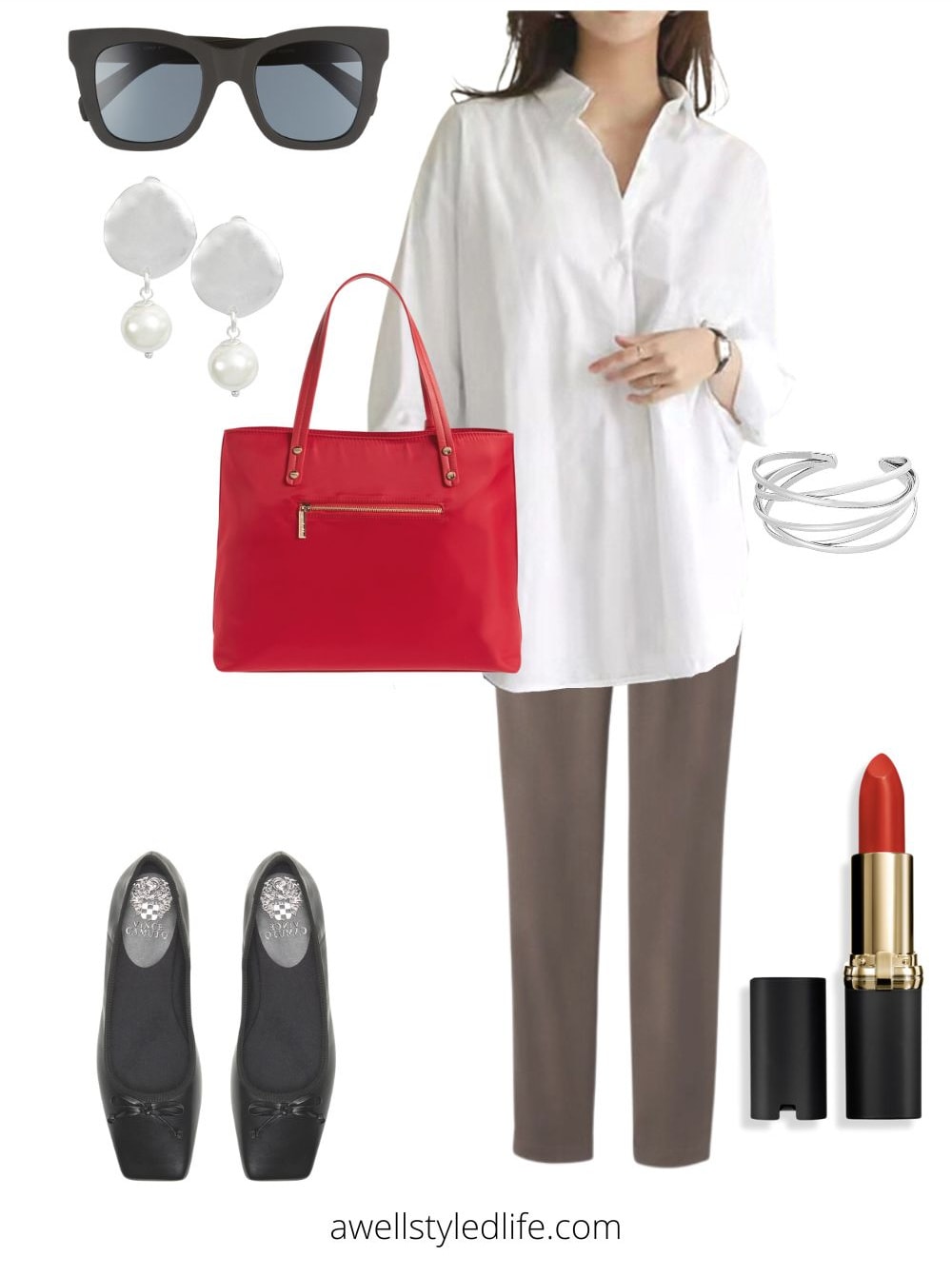 budget friendly outfit with red tote, white shirt, square sunglasses and square toed ballet flats