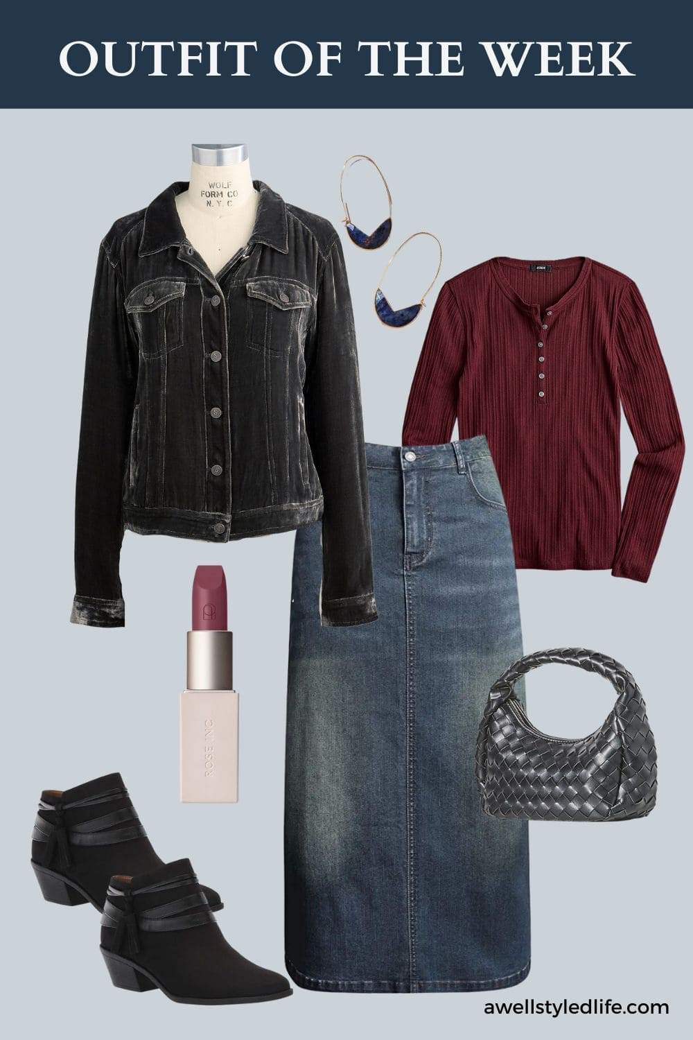 velvet denim jacket with plum henley and maxi denim pencil skirt