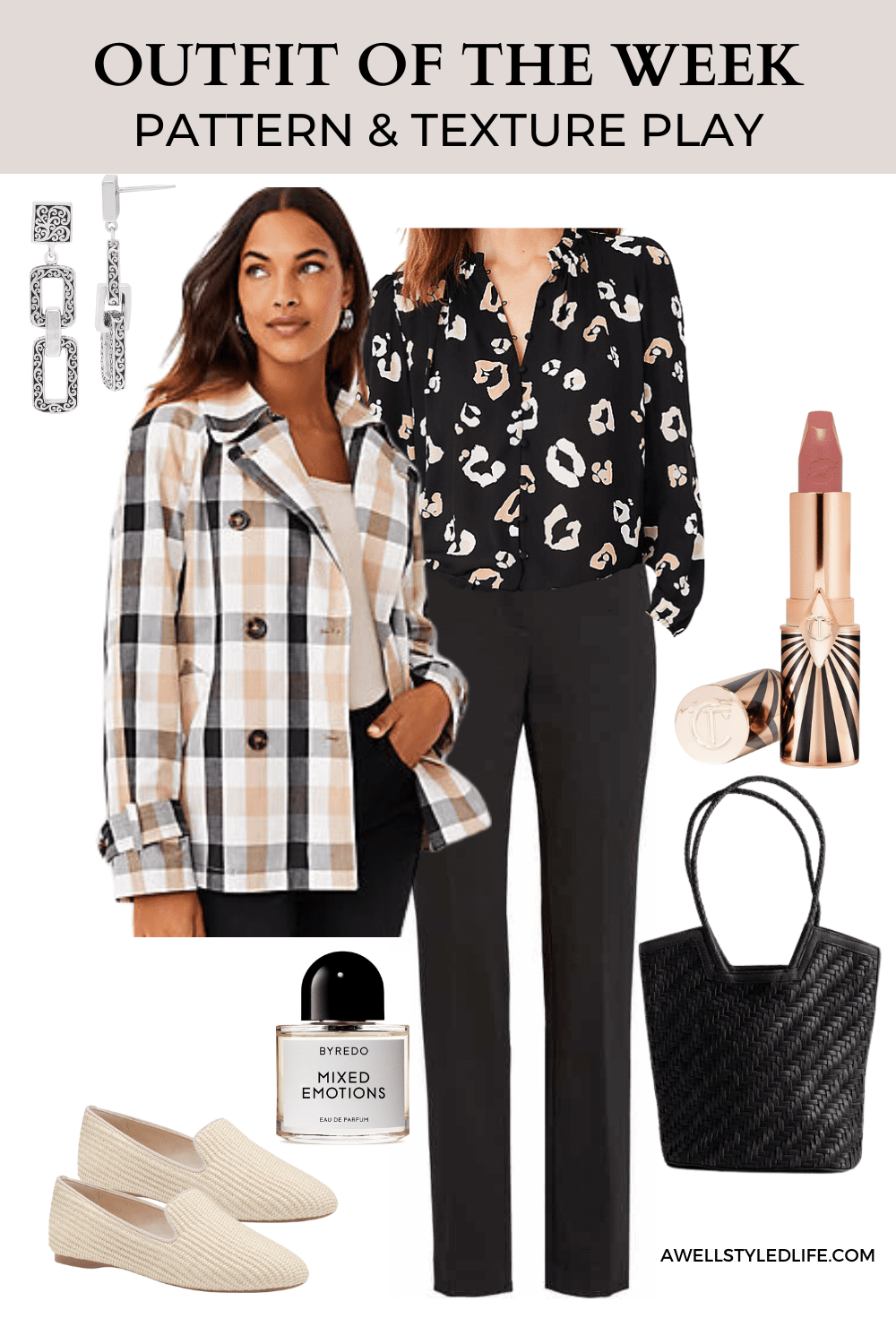 an outfit feathering plaid, texture and woven bag