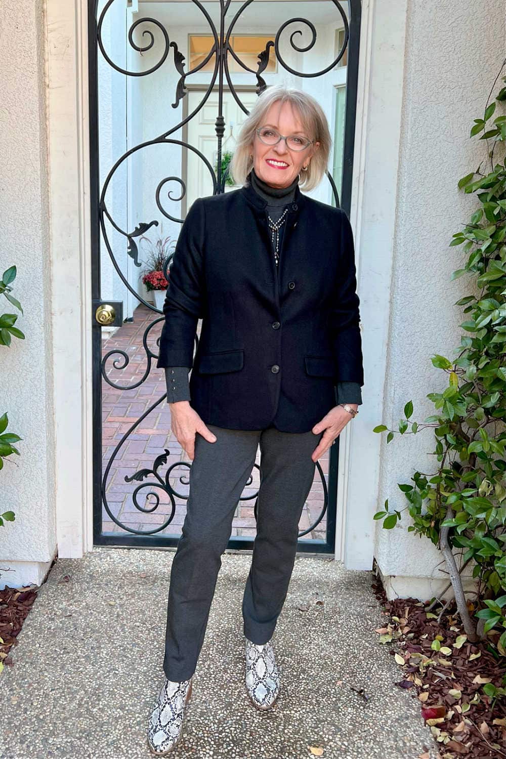 simple blazer outfit with column of charcoal and snake print booties