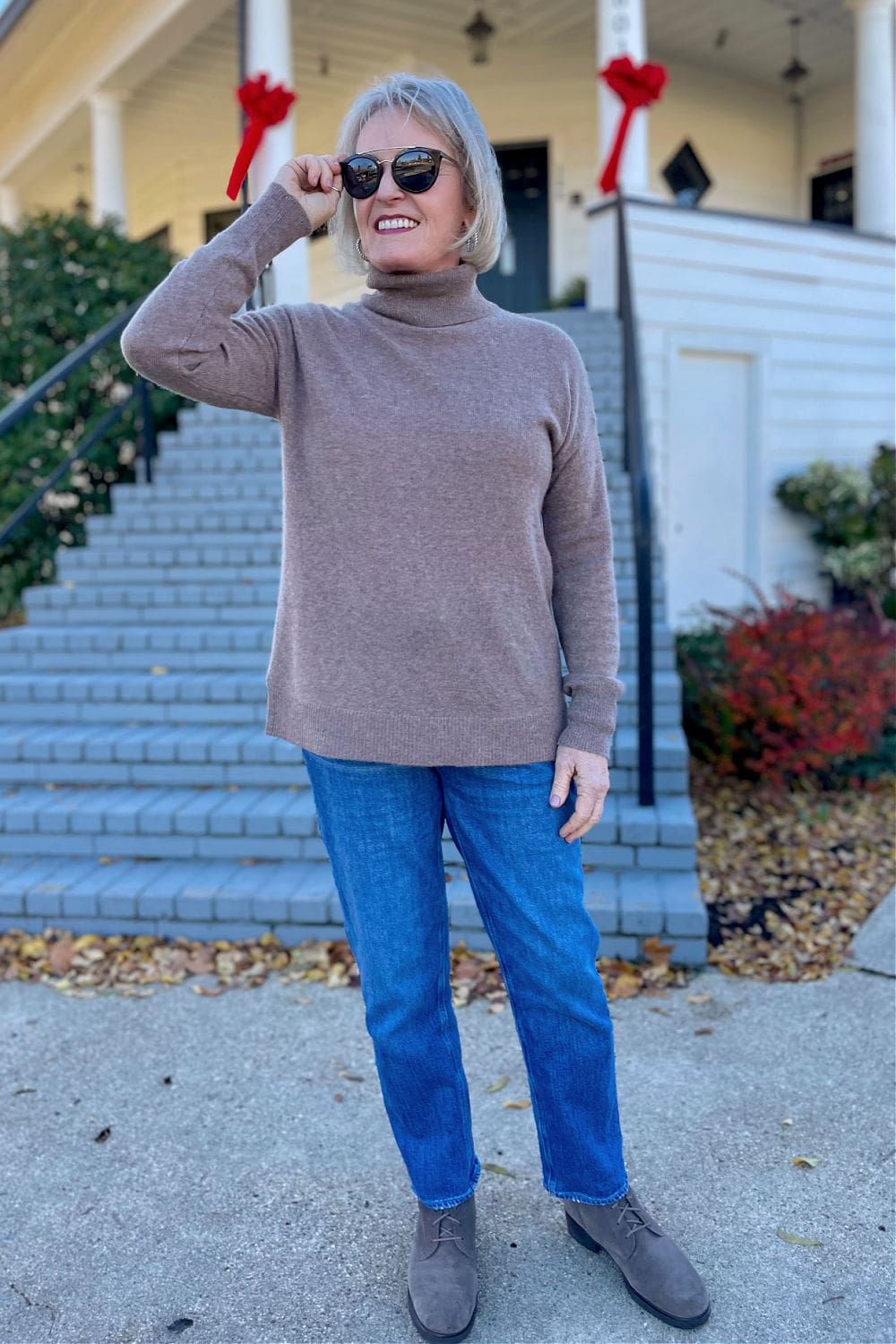 cashmere turtleneck and munro booties with jeans
