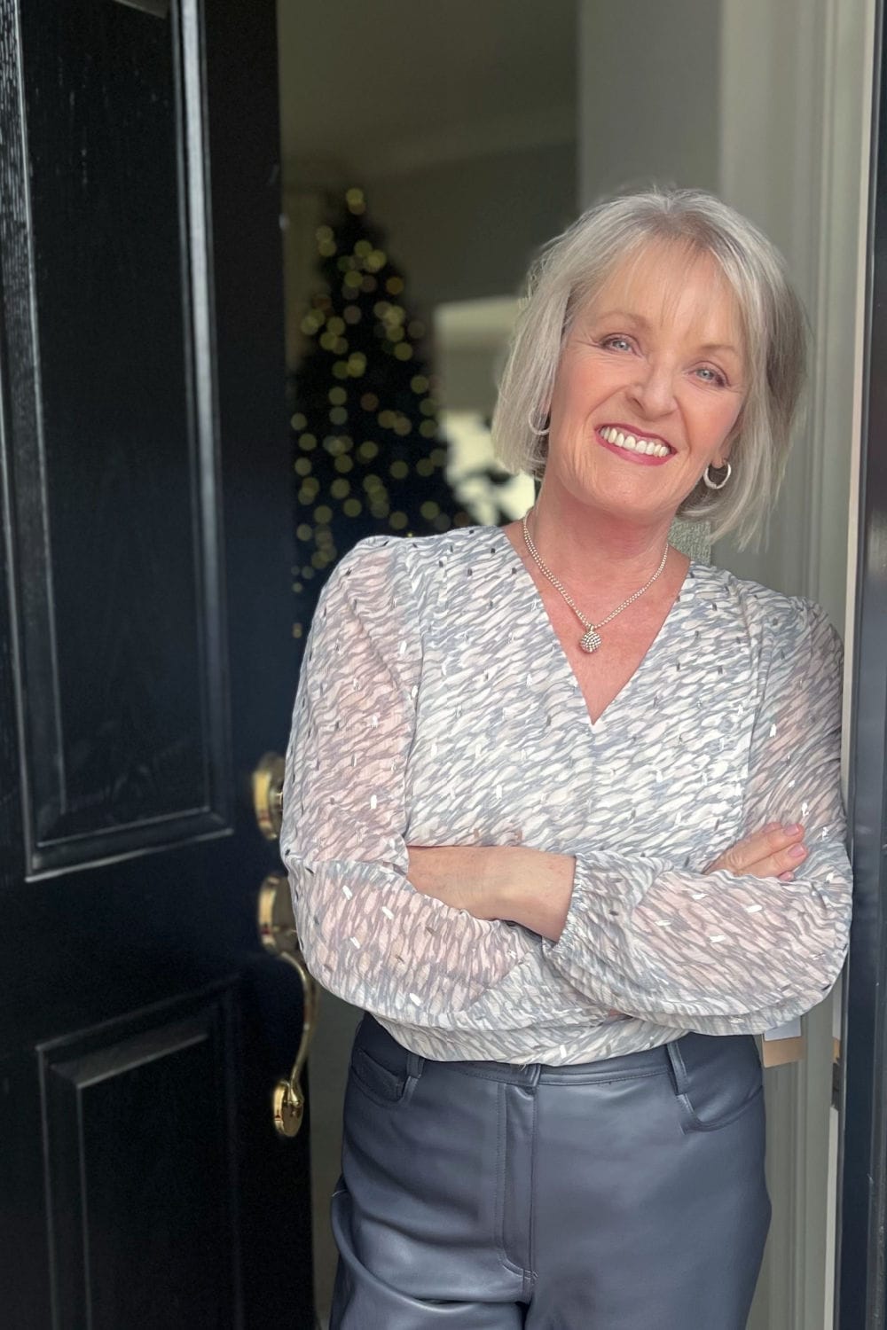 soft blouse with ivory and gray and plashes of silver
