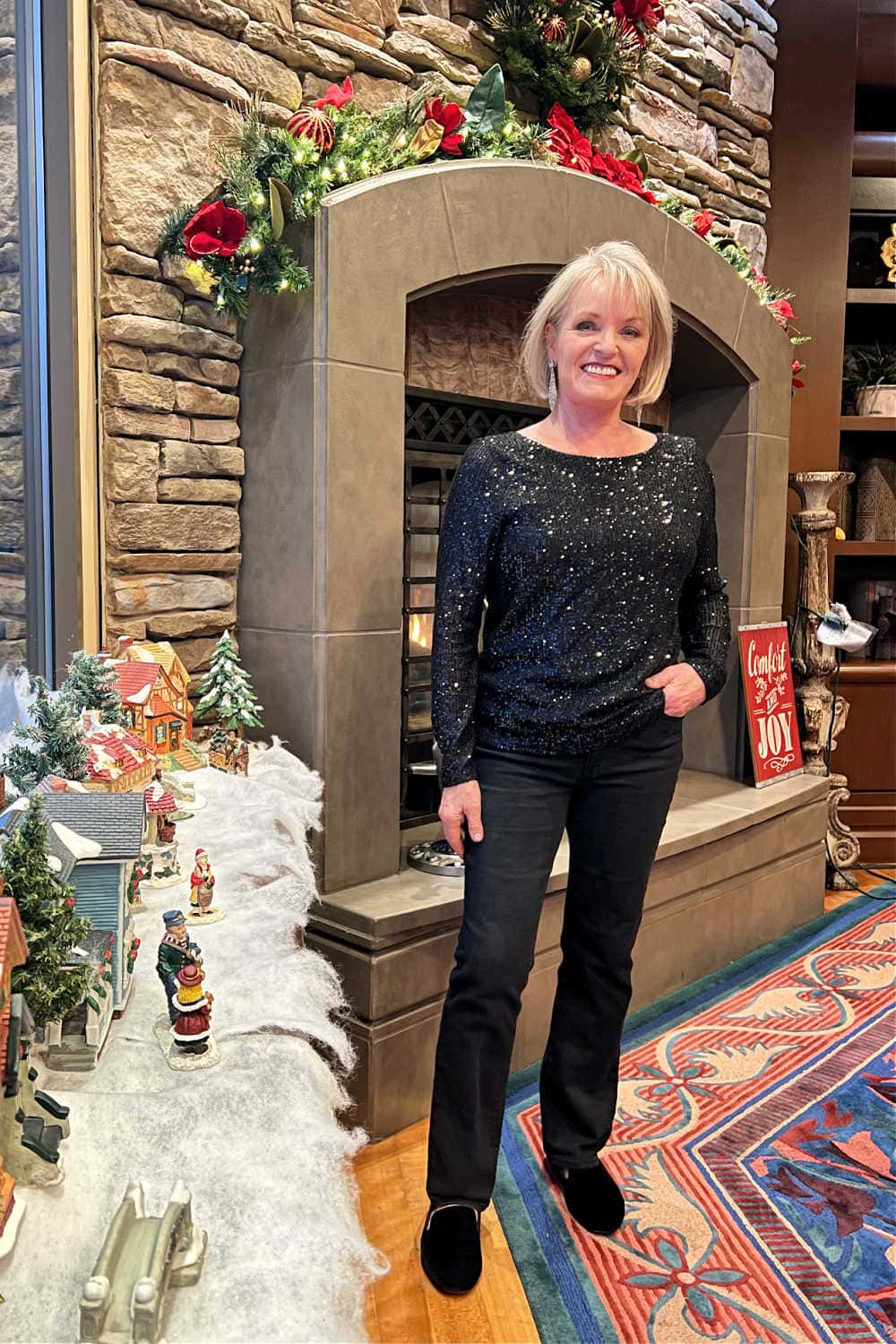 festive outfit for new years eve with flat shoes and sequined top