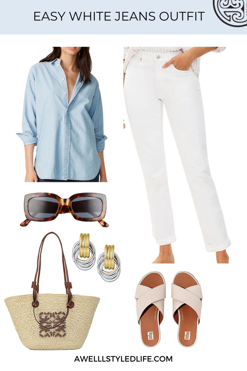 white jeans outfit with chambray shirt and basket tote