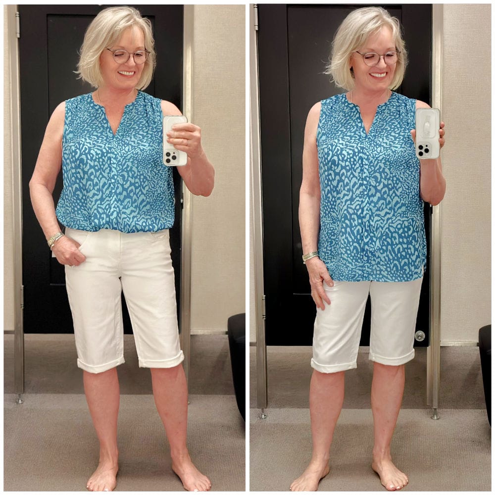 women showing two ways to wear top with long shorts