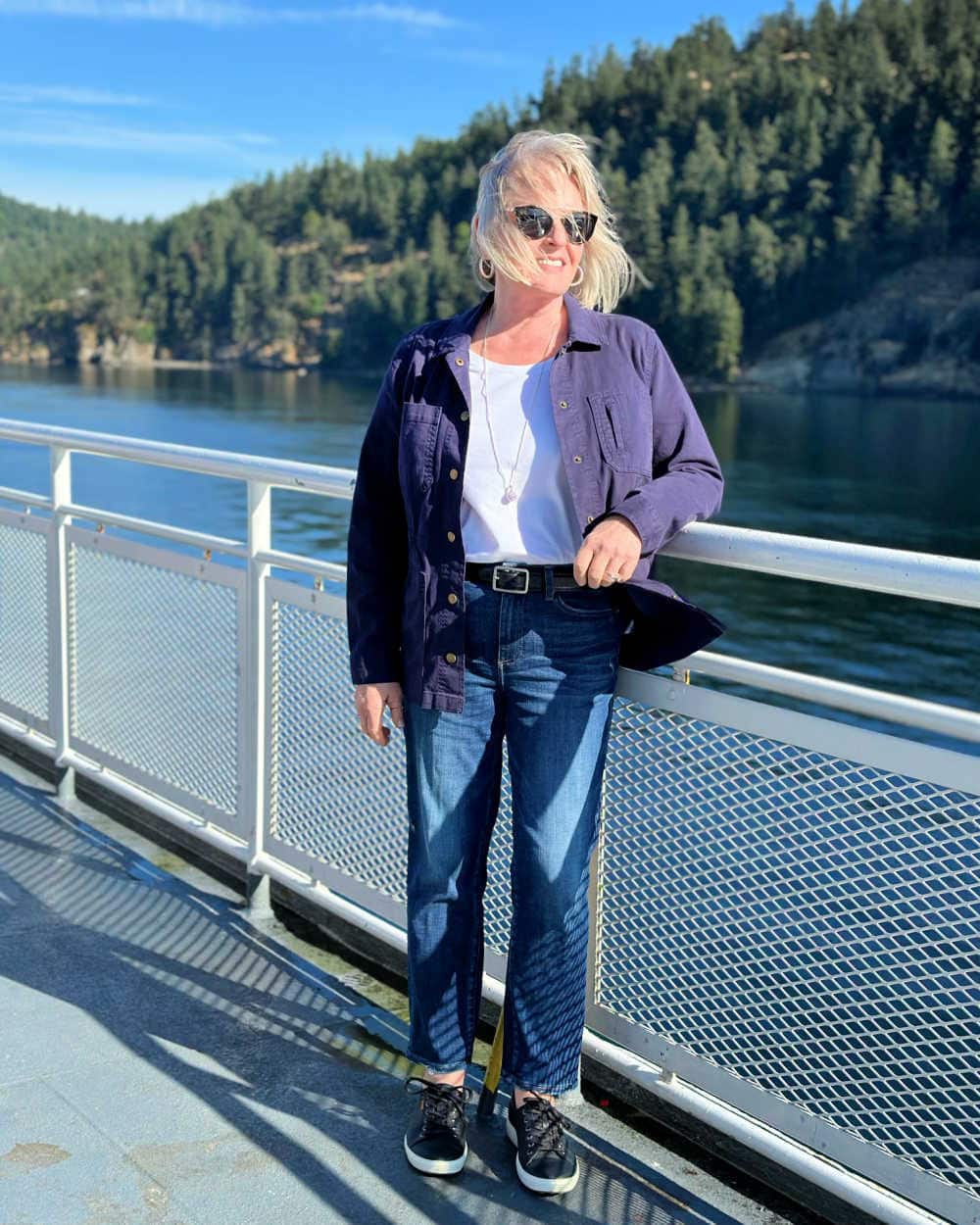 woman on BC Ferry wearing pistola jeans with cotton jacket