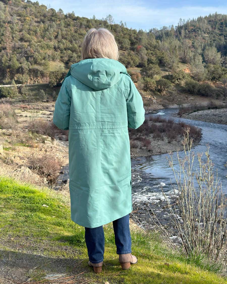 back view of lands' end expedition waterproof down long winter coat