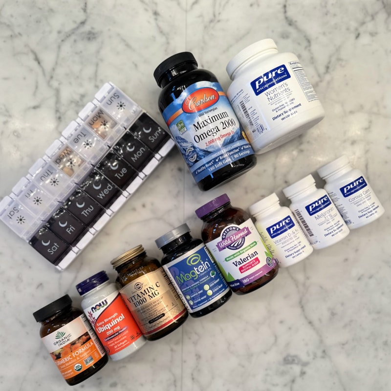 a row of vitamins and supplements which will support healthy aging