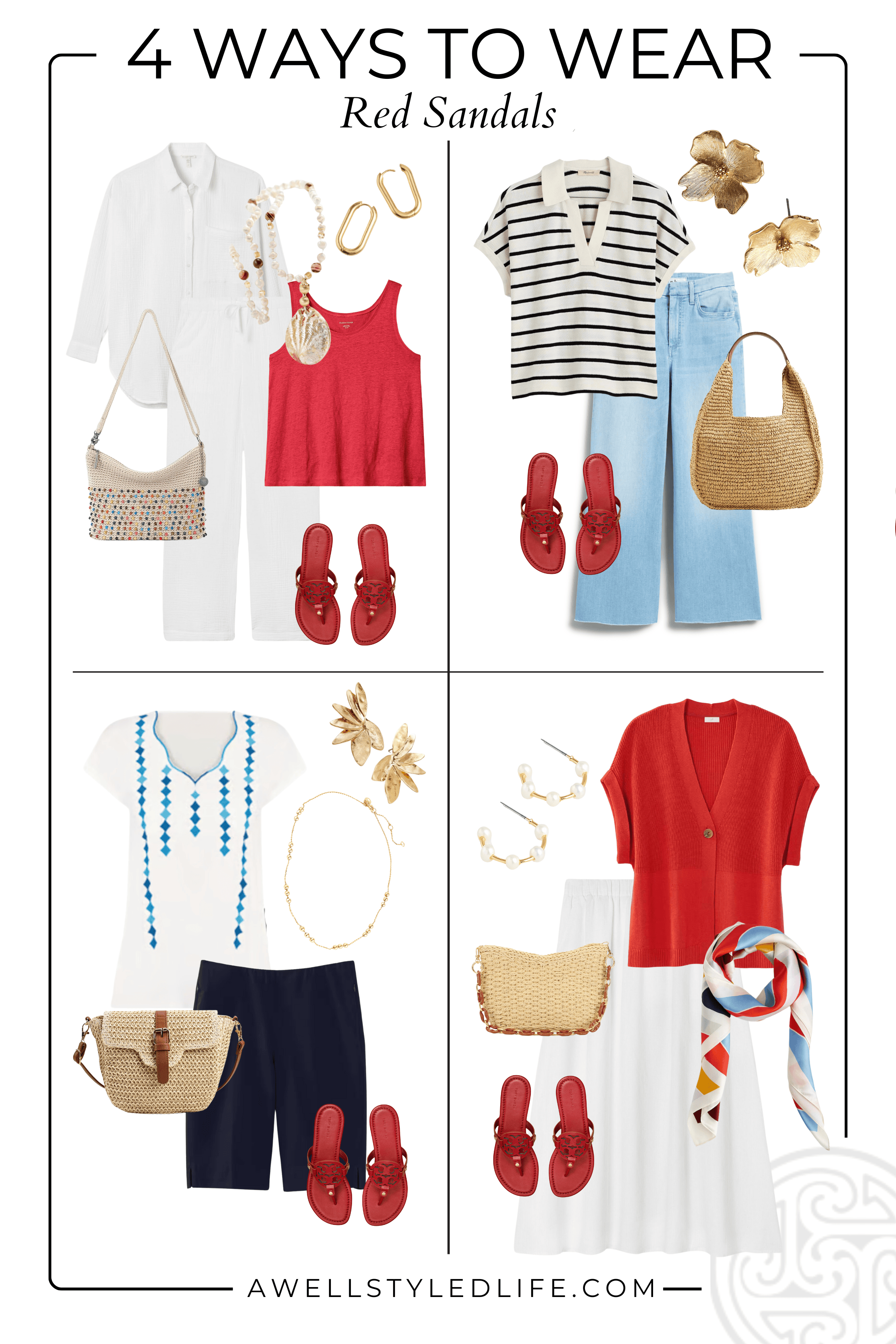 collage showing 4 ways to wear red sandles for summer