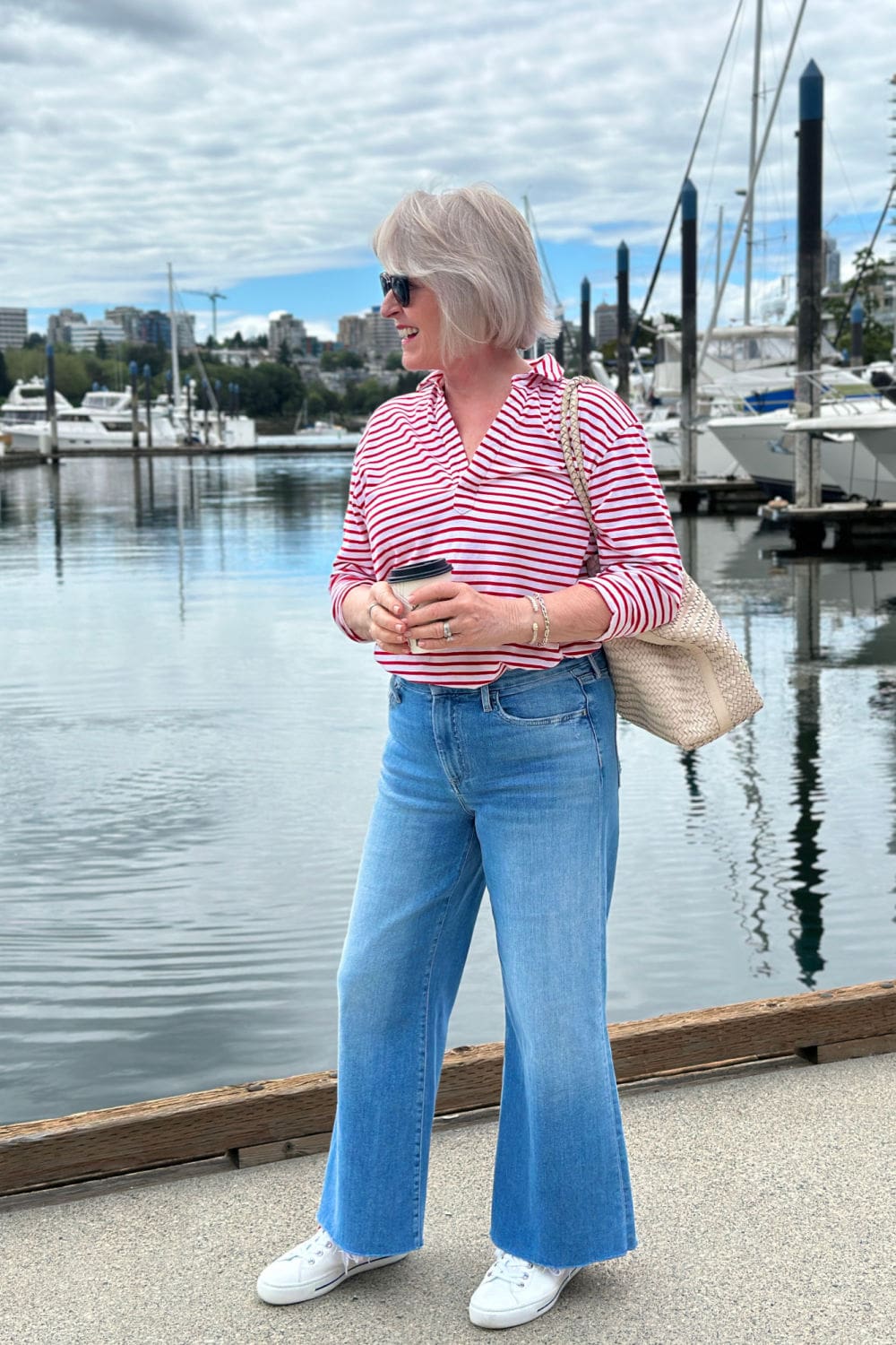 woman wearing striped tee and soft jeans from frank & eileen