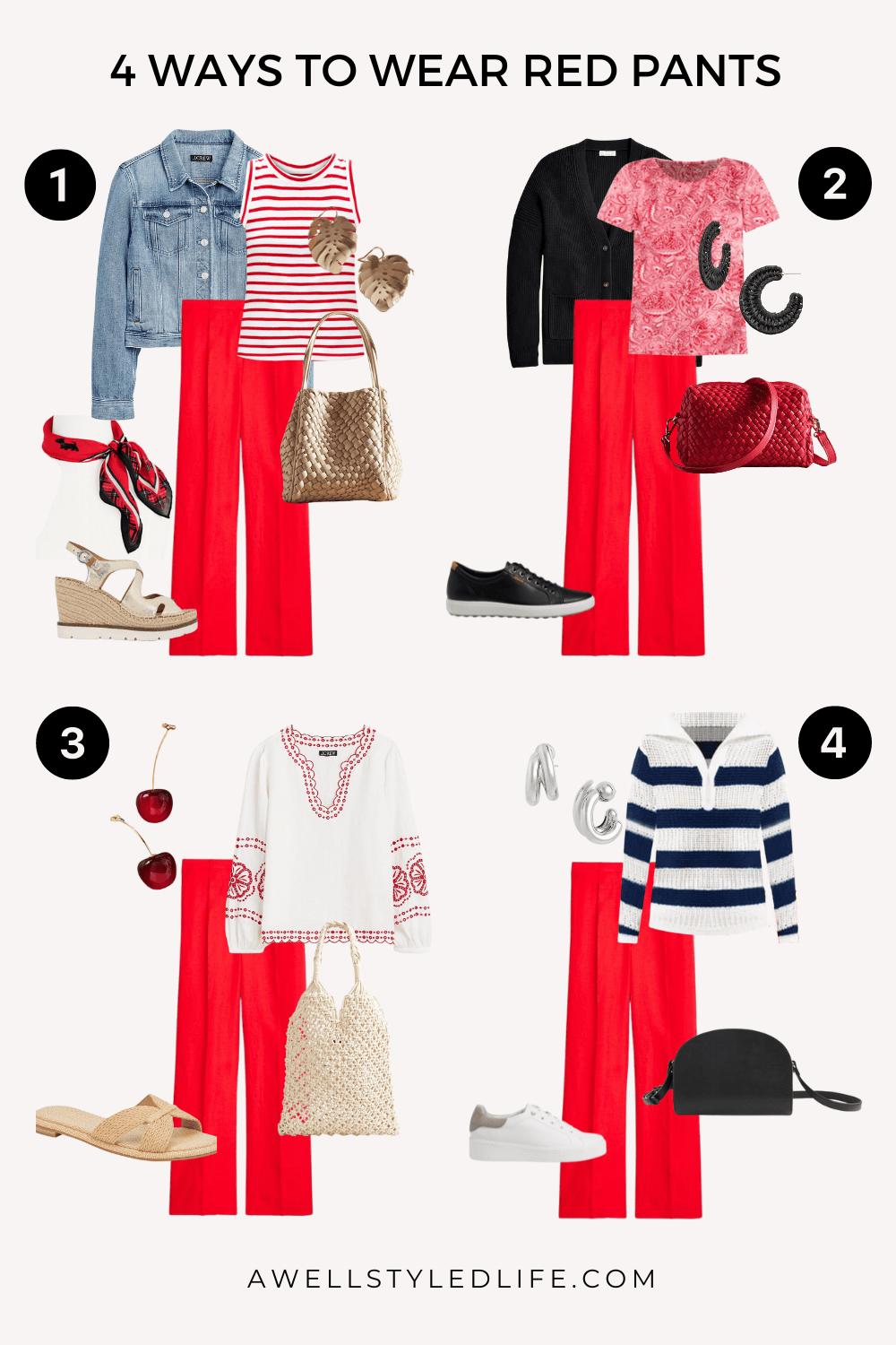 collage showing capsule wardrobe wirth red pants and 4 ways to wear red pants