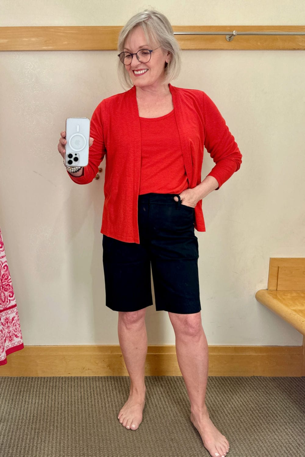 mature women wearing talbots perfect shorts with red sweater set