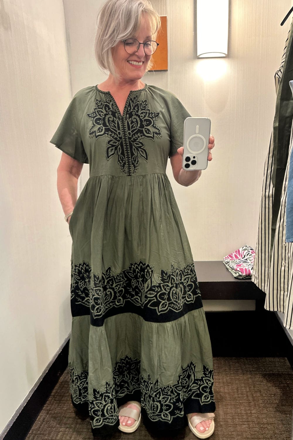 women wearing green summer dress from chico's